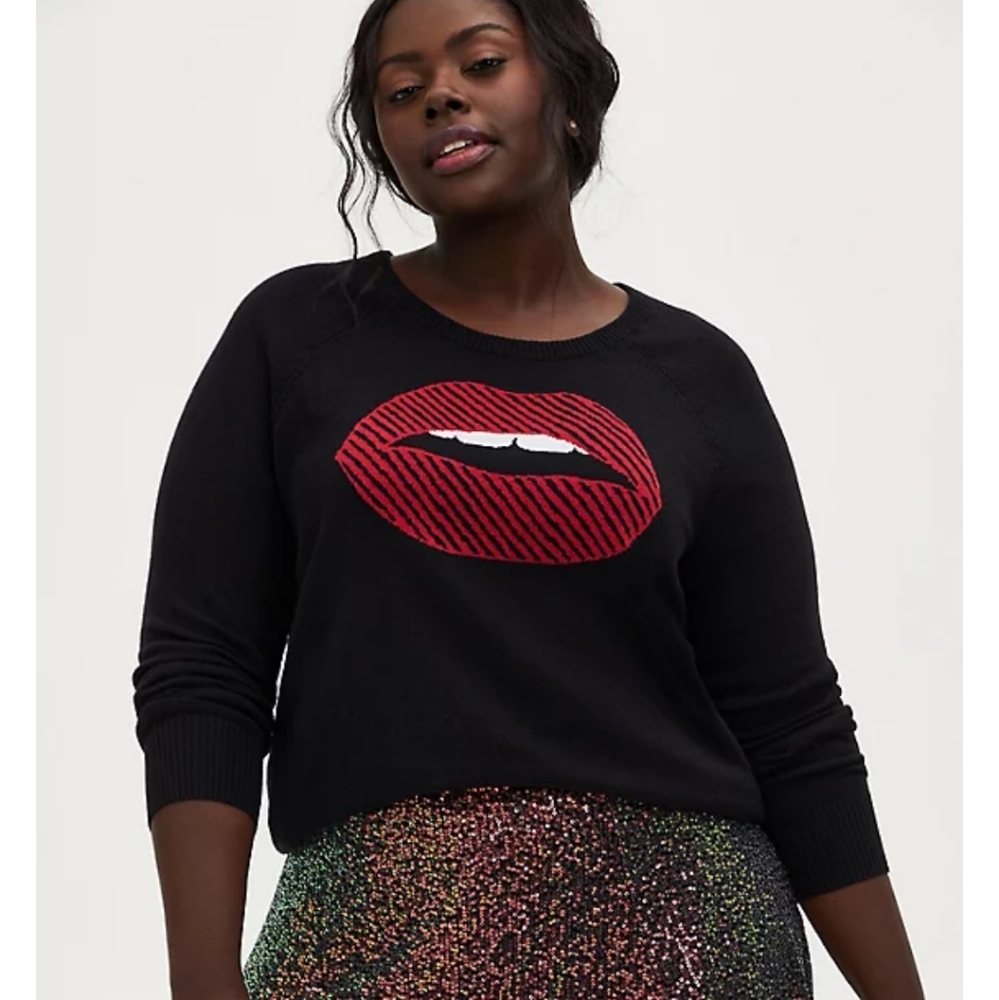 NWT Torrid Size 10 or M/L or 00x Black Cotton Lips Pullover Sweater